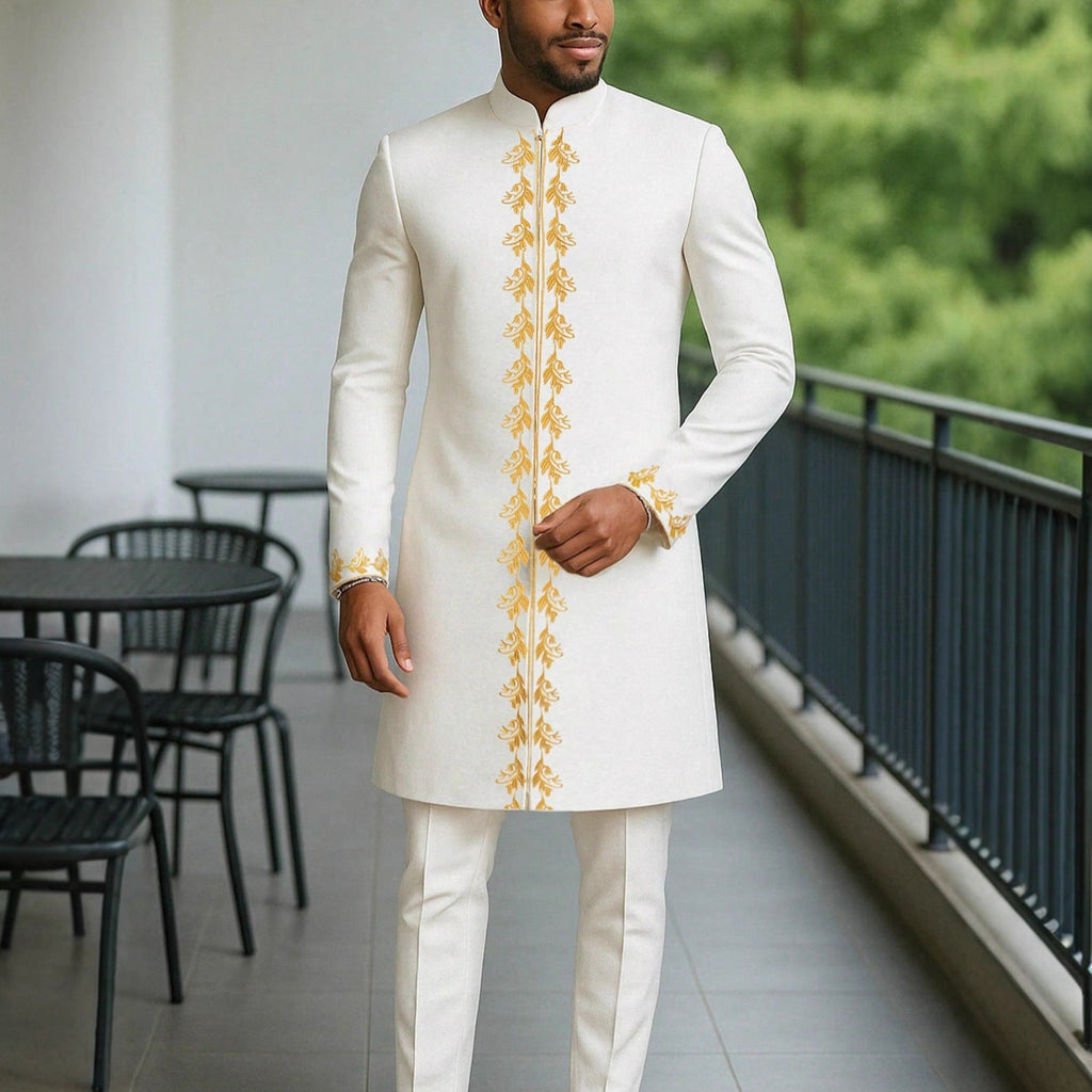 Traditional Muslim African Style Men Wedding New Suit 2 Piece Set Round Neck Long Sleeve Top Plus Pants Foreign Trade