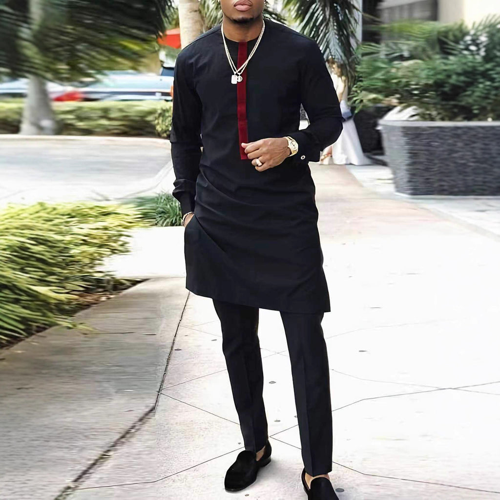 Traditional Muslim African Style Men Wedding New Suit 2 Piece Set Round Neck Long Sleeve Top Plus Pants Foreign Trade