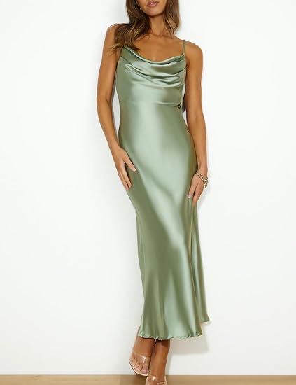 Elegant Satin Cowl Neck Slip Maxi Dress,