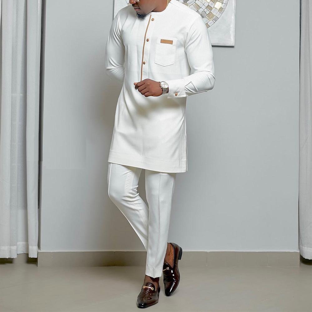 Traditional Muslim African Style Men Wedding New Suit 2 Piece Set Round Neck Long Sleeve Top Plus Pants Foreign Trade