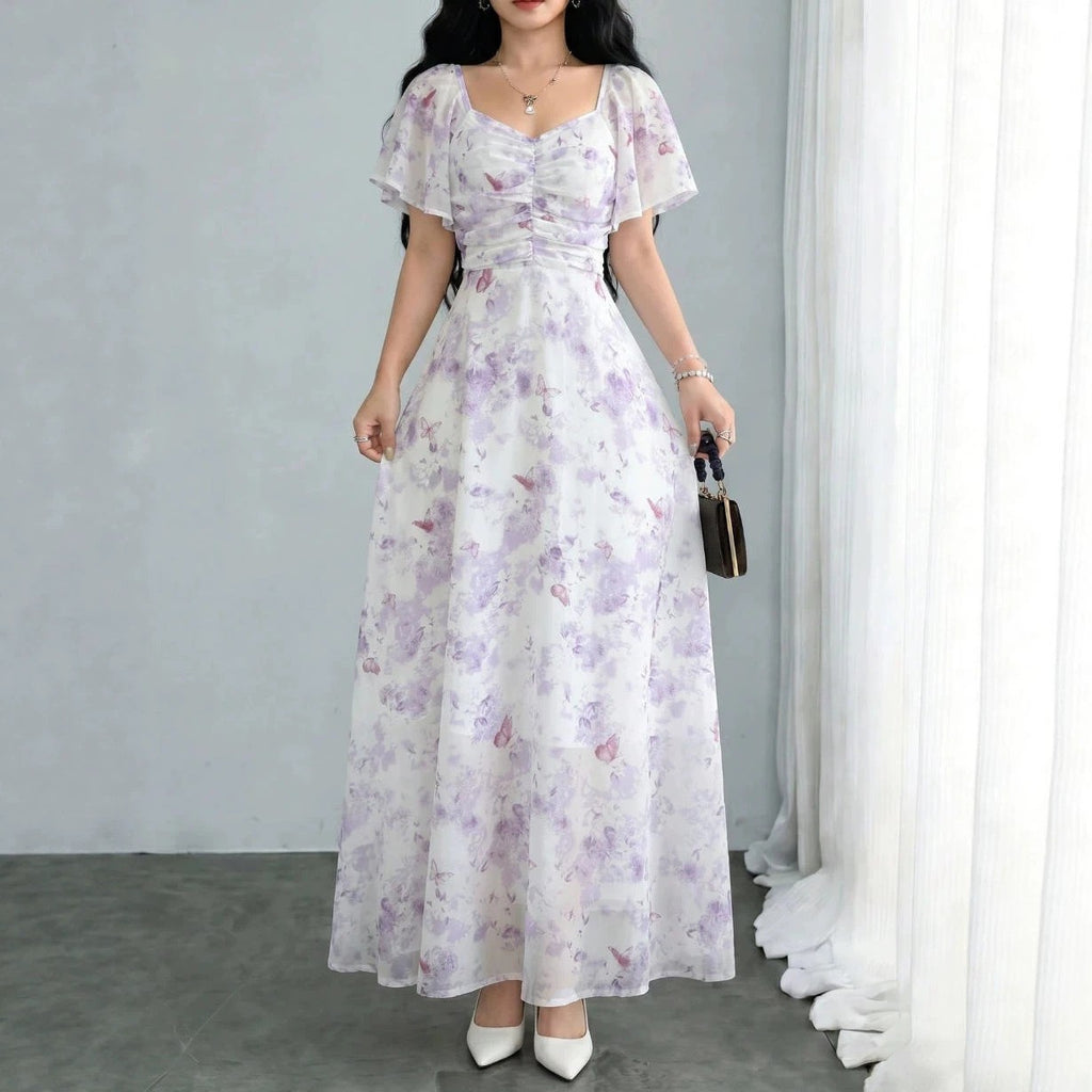 Floral Flutter-Sleeve Maxi Dress - Light Purple