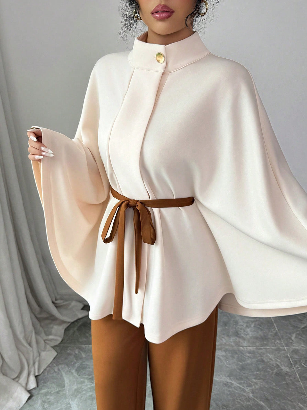 Elegant Cape Sleeve Belted Jacket