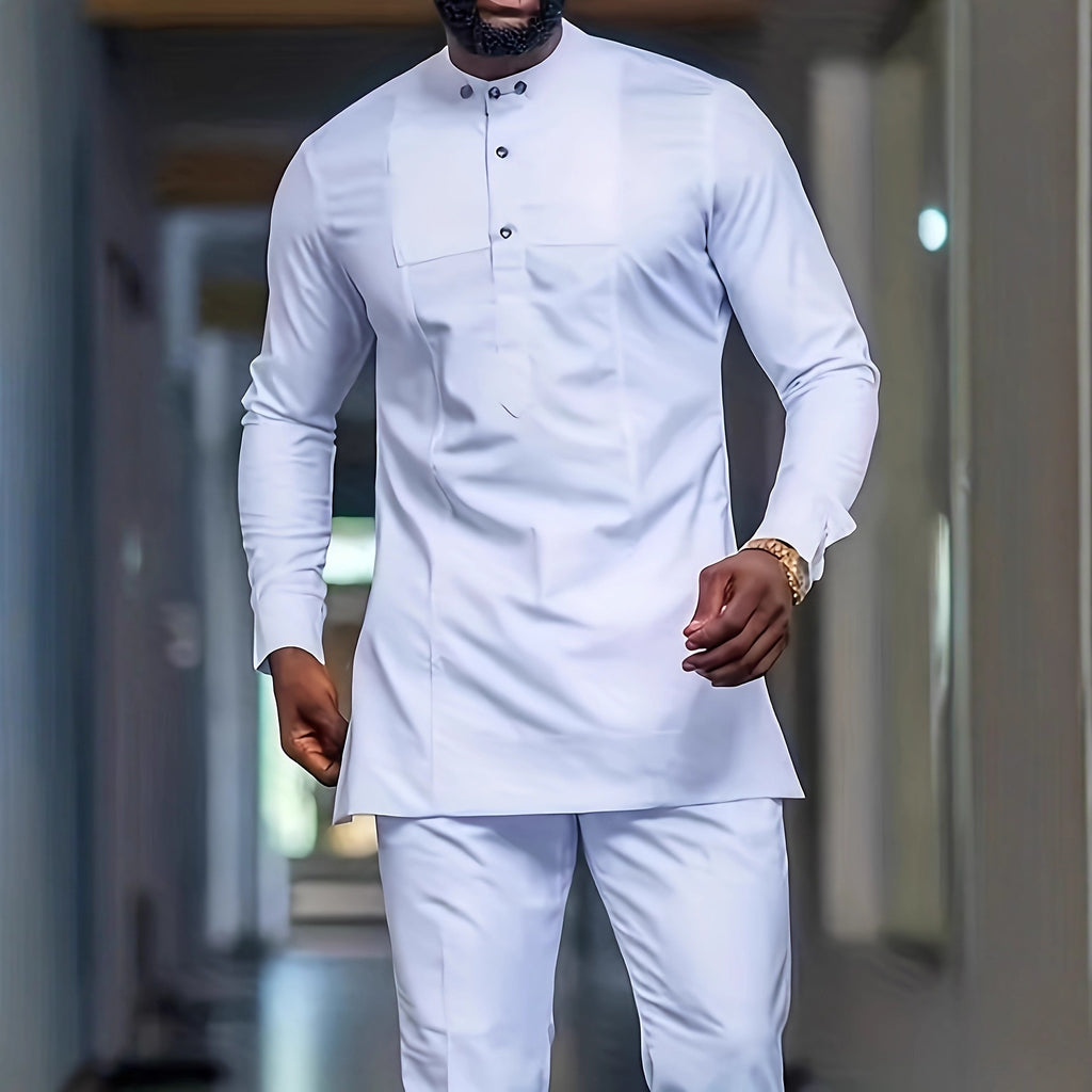 Traditional Muslim African Style Men Wedding New Suit 2 Piece Set Round Neck Long Sleeve Top Plus Pants Foreign Trade