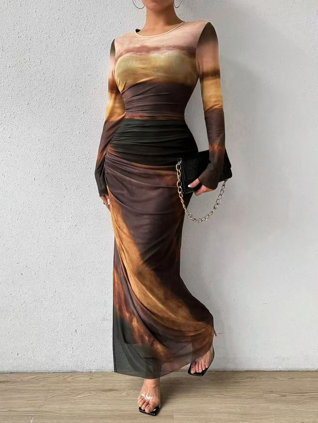 Elegant Printed Mesh Ruched Maxi Dress
