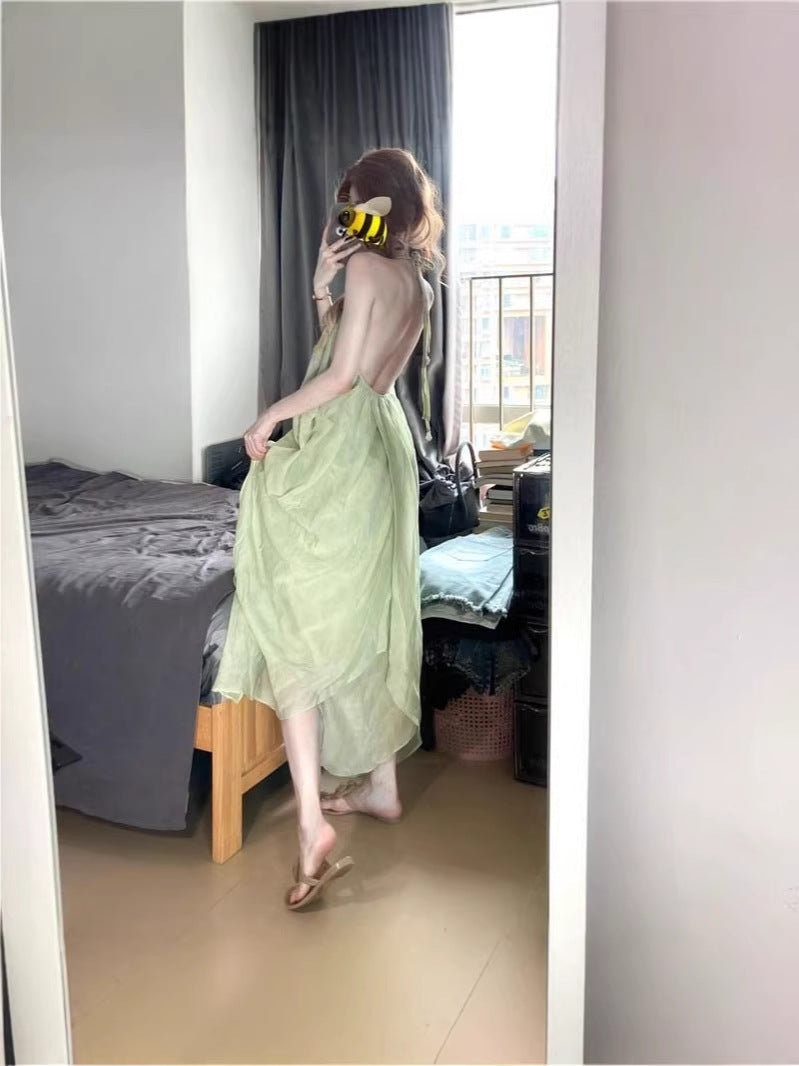 Green Backless Halter Maxi Dress