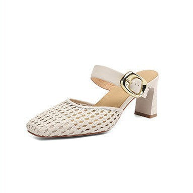 Woven Leather Block-Heel Sandals