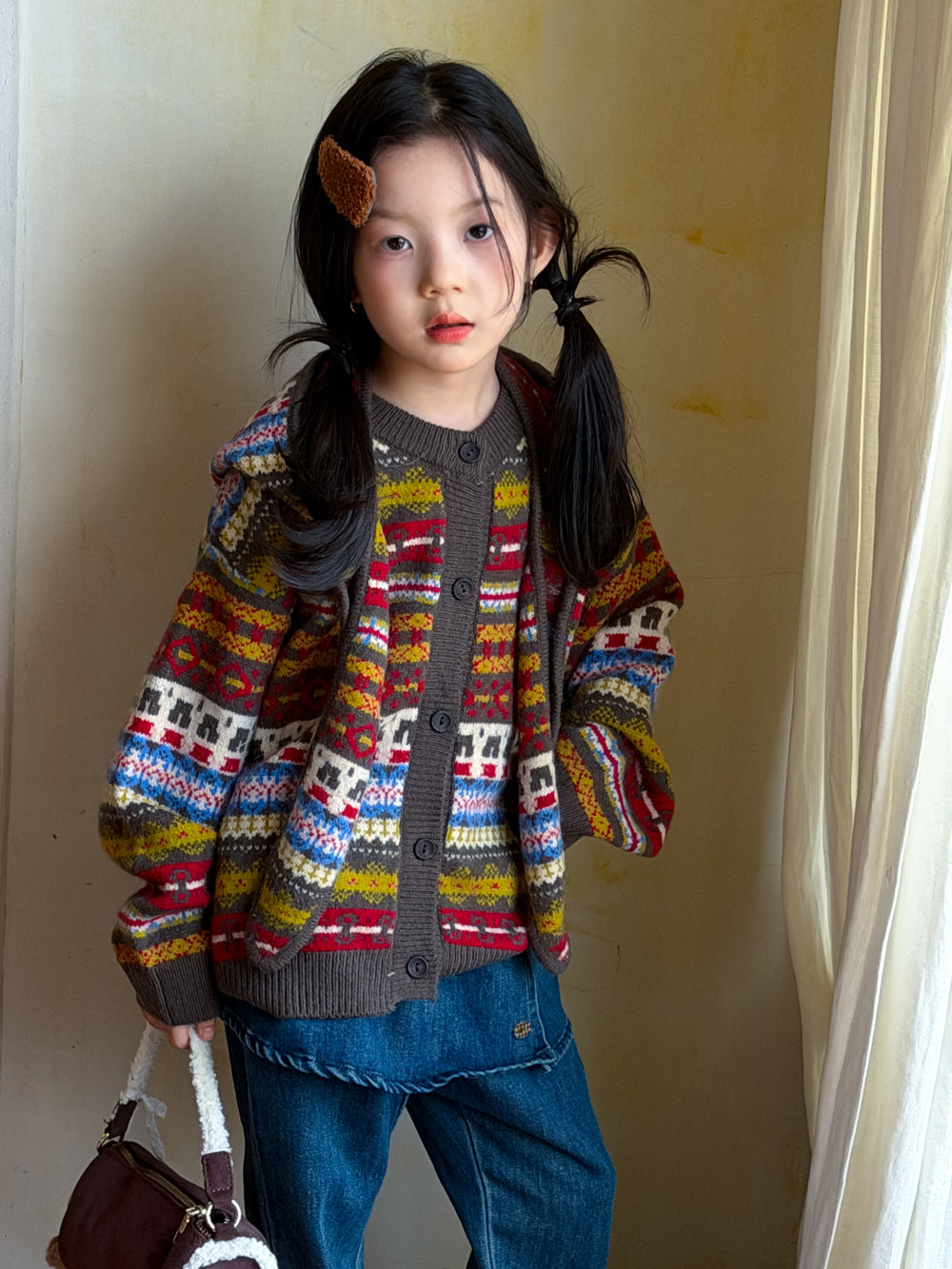 Girls' Fair-Isle Knit Cardigan with Detachable Hood