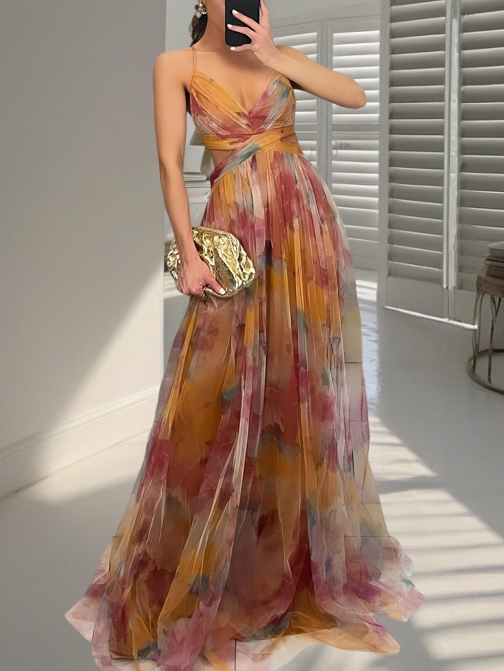 Printed Mesh Maxi Dress
