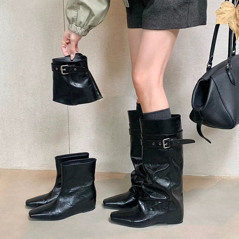 Convertible Buckle Leather Boots