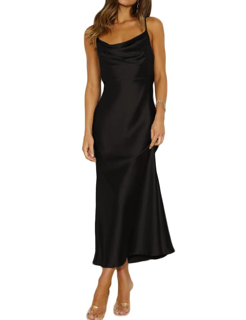Elegant Satin Cowl Neck Slip Maxi Dress,