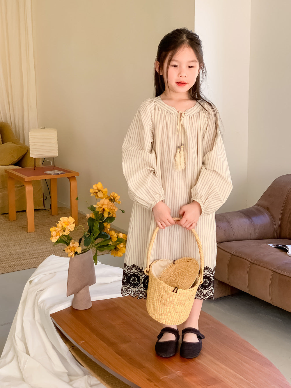 Girls' Striped Tie-Waist Embroidered Skirt