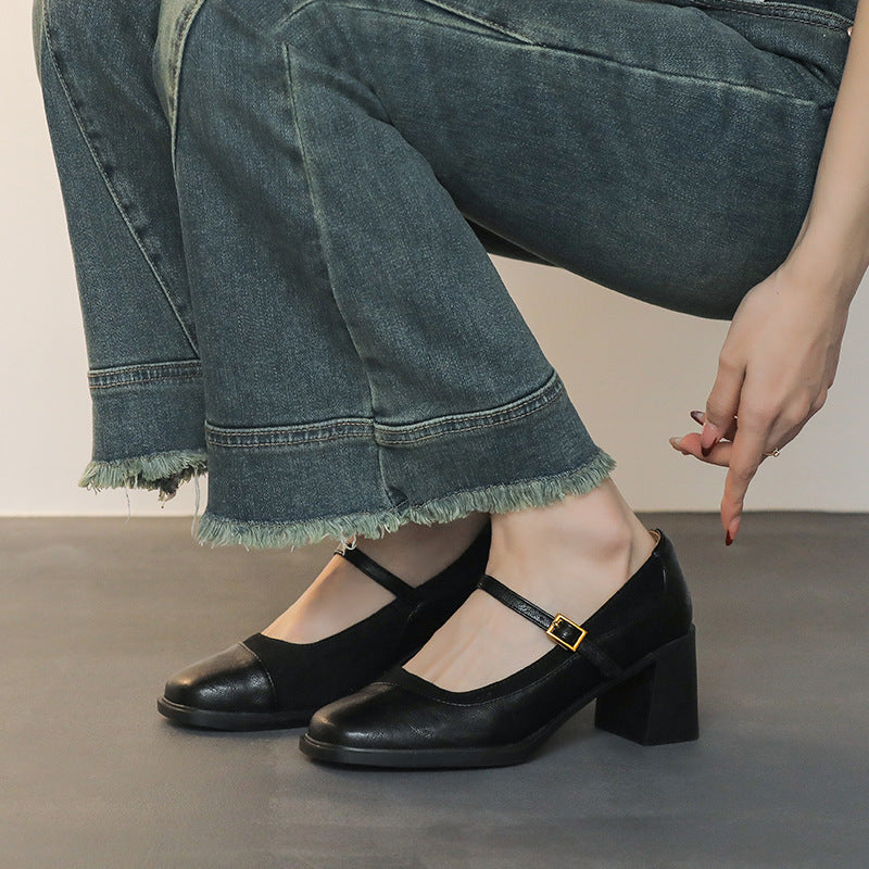 Leather Block-Heel Mary Janes