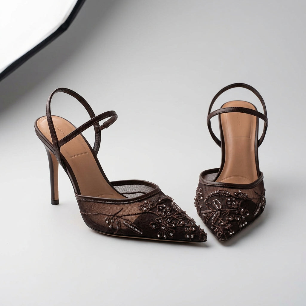 Embroidered Mesh Slingback Heels – color detail