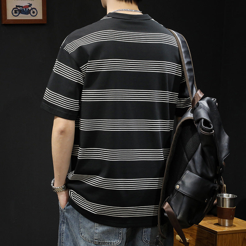 Black striped short sleeve t-shirt men's clothes summer 2025 new loose plus size trendy brand men's heavy body shirt