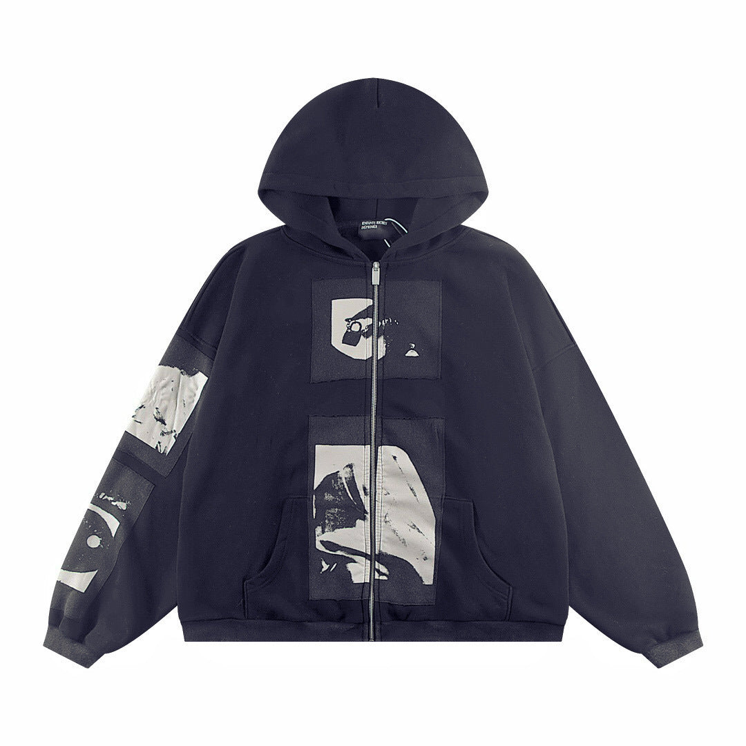 Distressed Graphic Zip-Up Hoodie