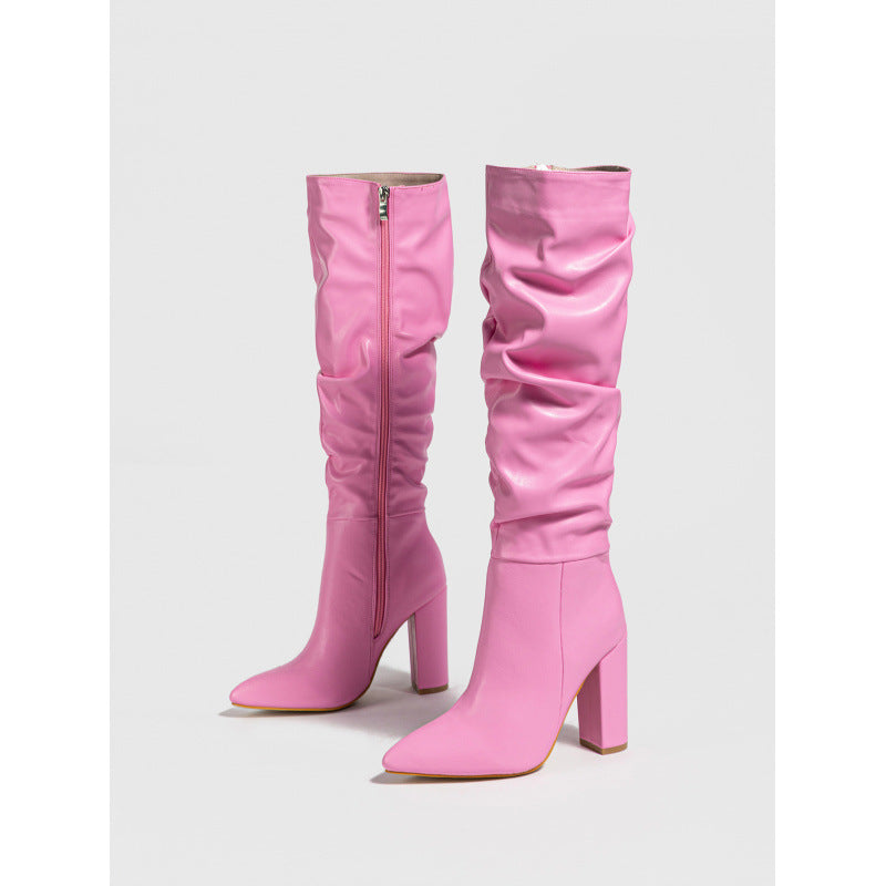Wrinkled Pointed-Toe Block-Heel Tall Boots