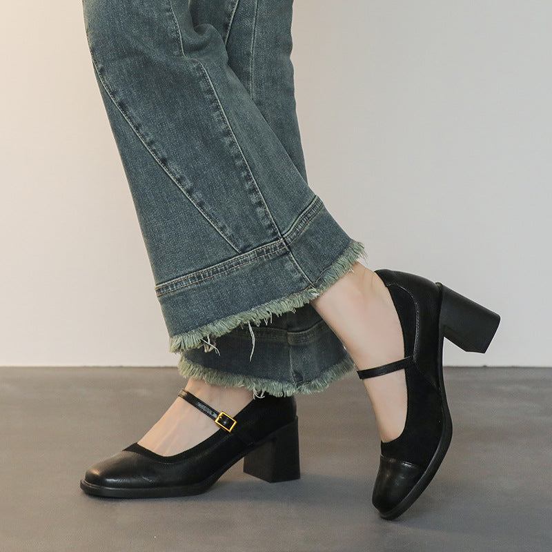 Leather Block-Heel Mary Janes