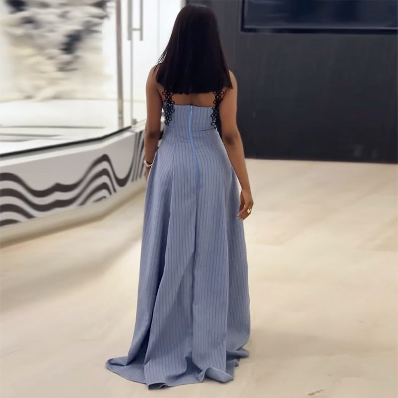 Lace-Trim Striped Pocket Midi Dress