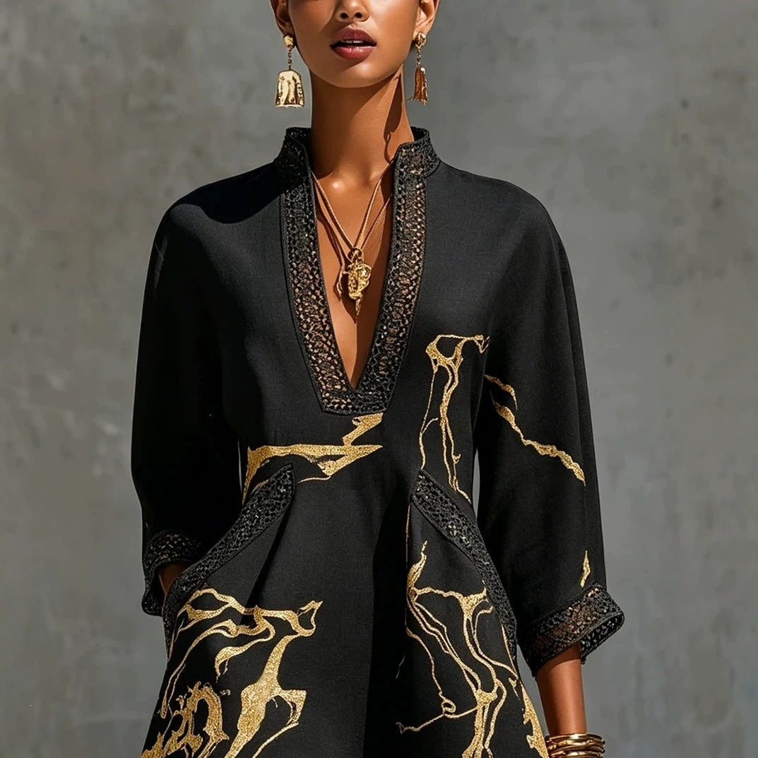 Lace V-Neck Printed Mini Dress