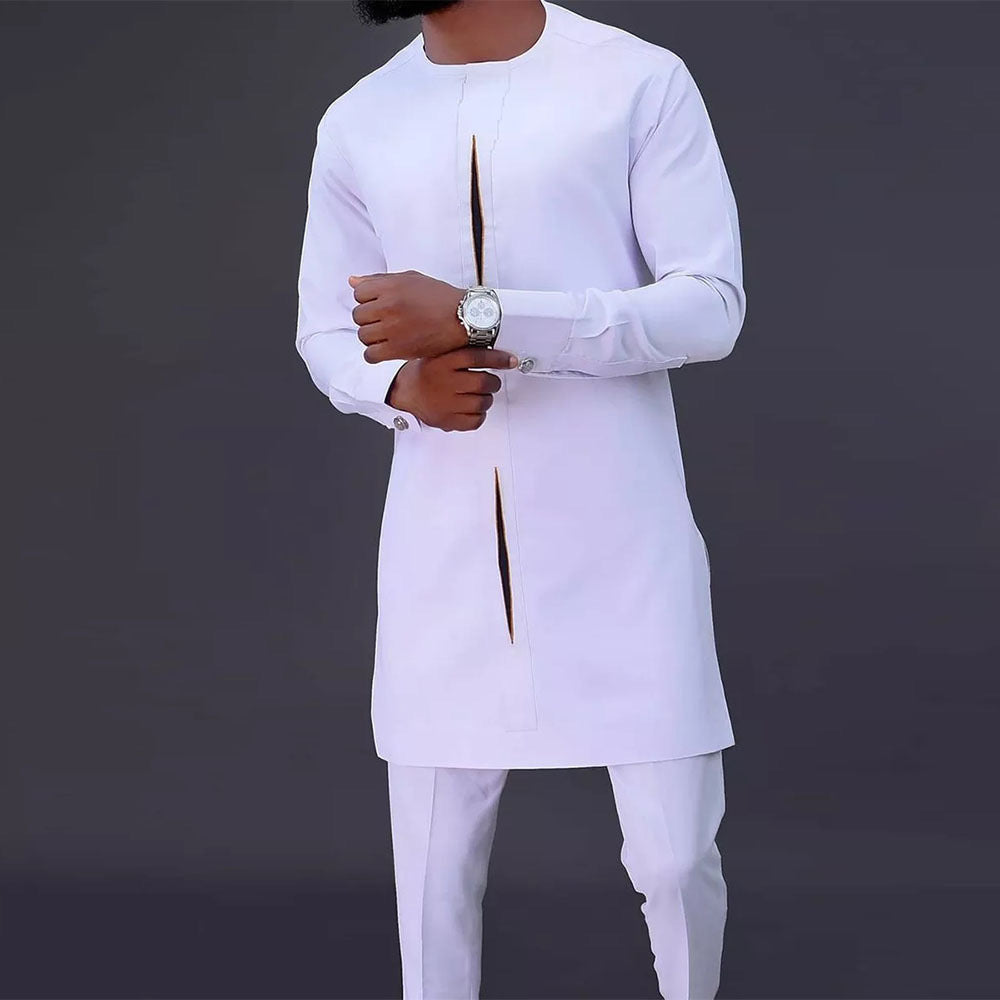 Traditional Muslim African Style Men Wedding New Suit 2 Piece Set Round Neck Long Sleeve Top Plus Pants Foreign Trade