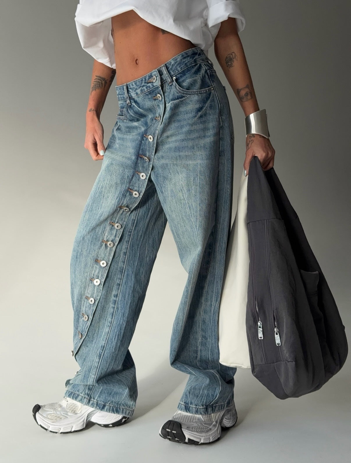 Asymmetrical Button Fly Wide Leg Jeans