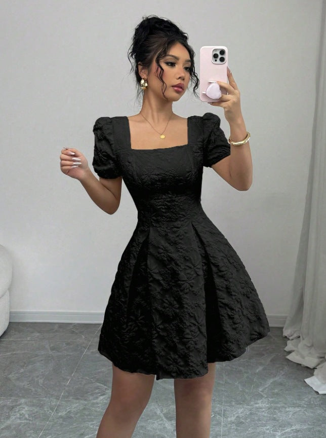 Elegance Jacquard Puff Sleeve Dress