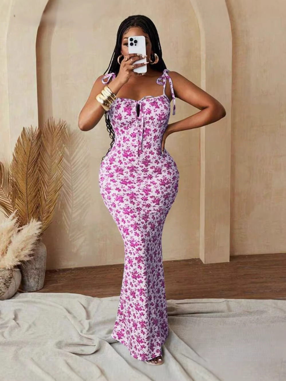 Floral Lace-Up Mermaid Dress