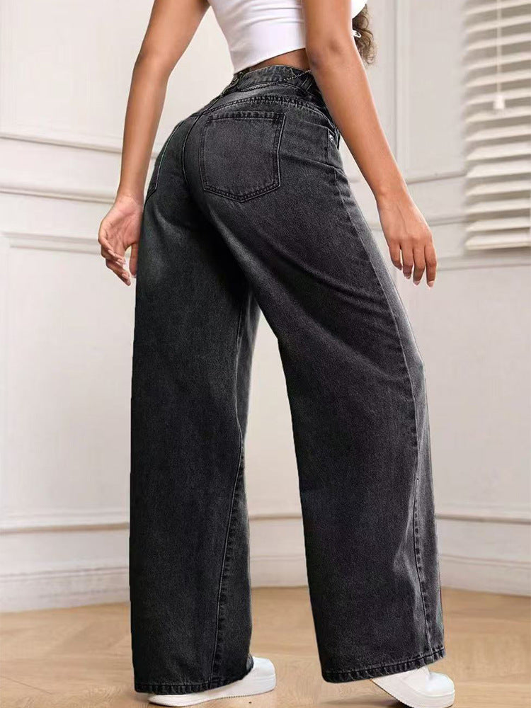 High Waist Wide Leg Straight Denim Pants