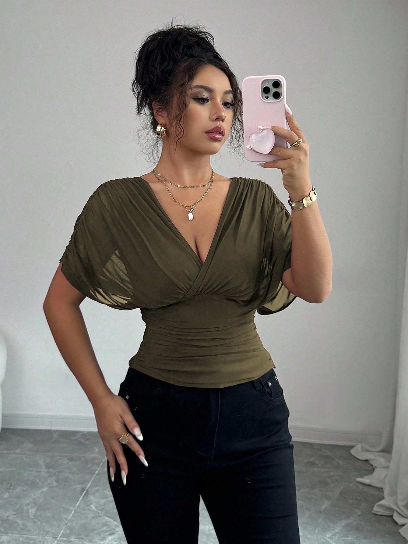 Elegant Ruched V Neck Drape Top