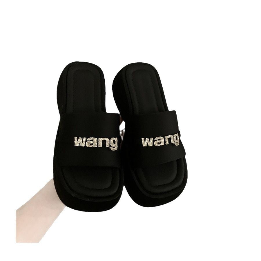 Black Sequin Platform Slides