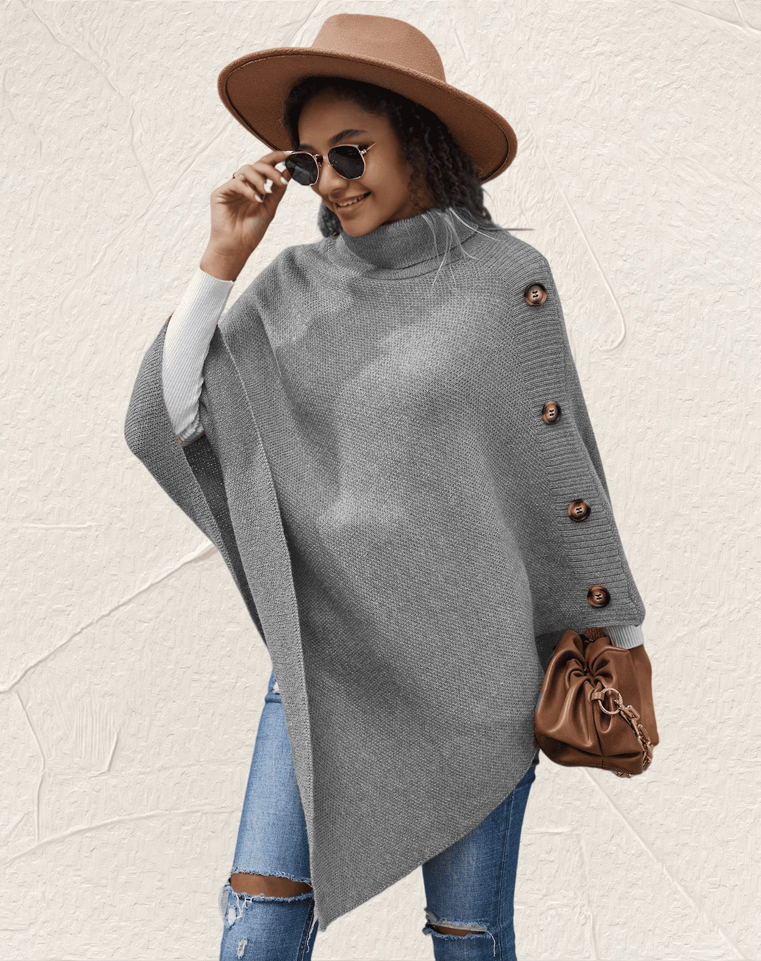 Turtleneck Button Knit Poncho