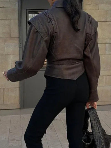 Elegant Faux Leather Belted Jacket