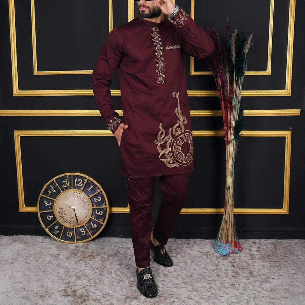 Traditional Muslim African Style Men Wedding New Suit 2 Piece Set Round Neck Long Sleeve Top Plus Pants Foreign Trade
