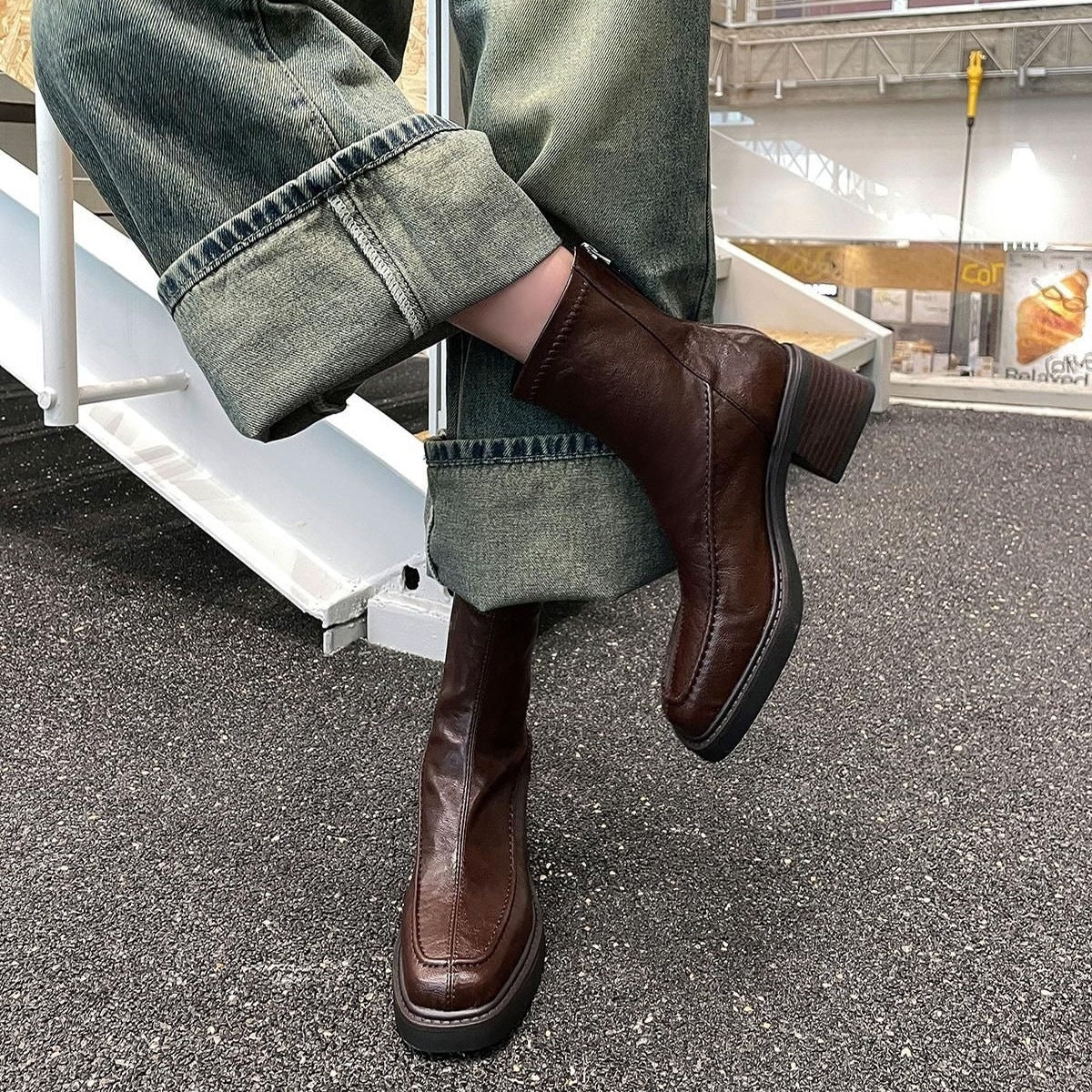 Square-Toe Leather Ankle Boots