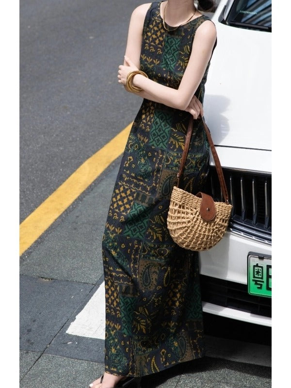 Green Print Sleeveless Maxi Dress