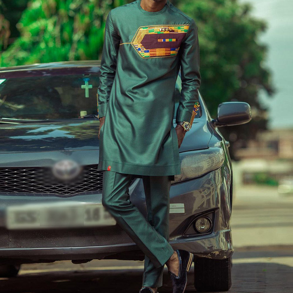 Traditional Muslim African Style Men Wedding New Suit 2 Piece Set Round Neck Long Sleeve Top Plus Pants Foreign Trade