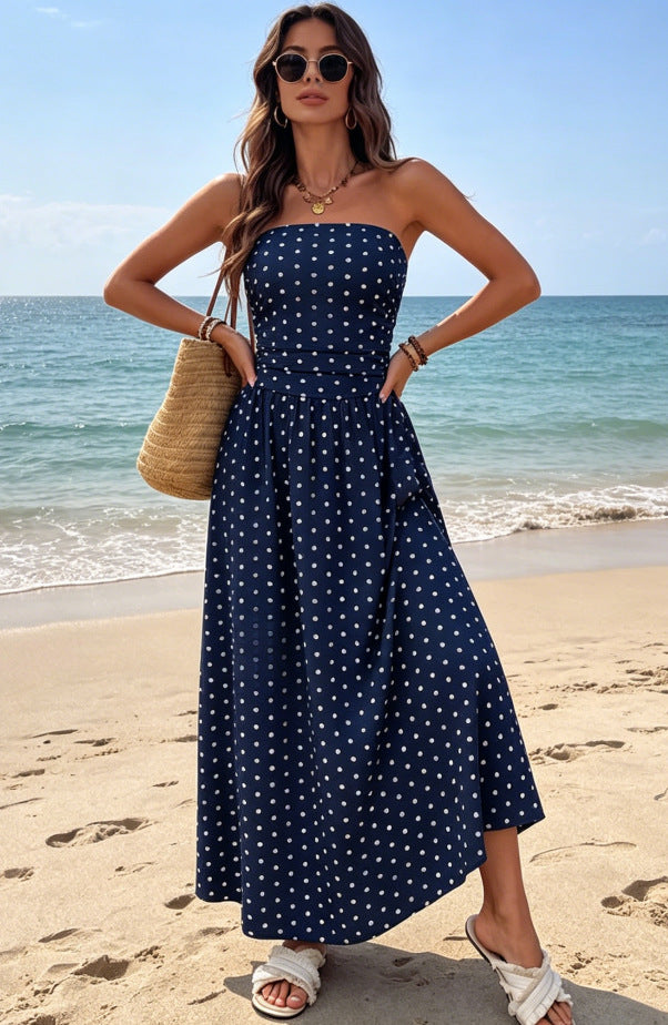 Retro Polka Dot Strapless Maxi Dress