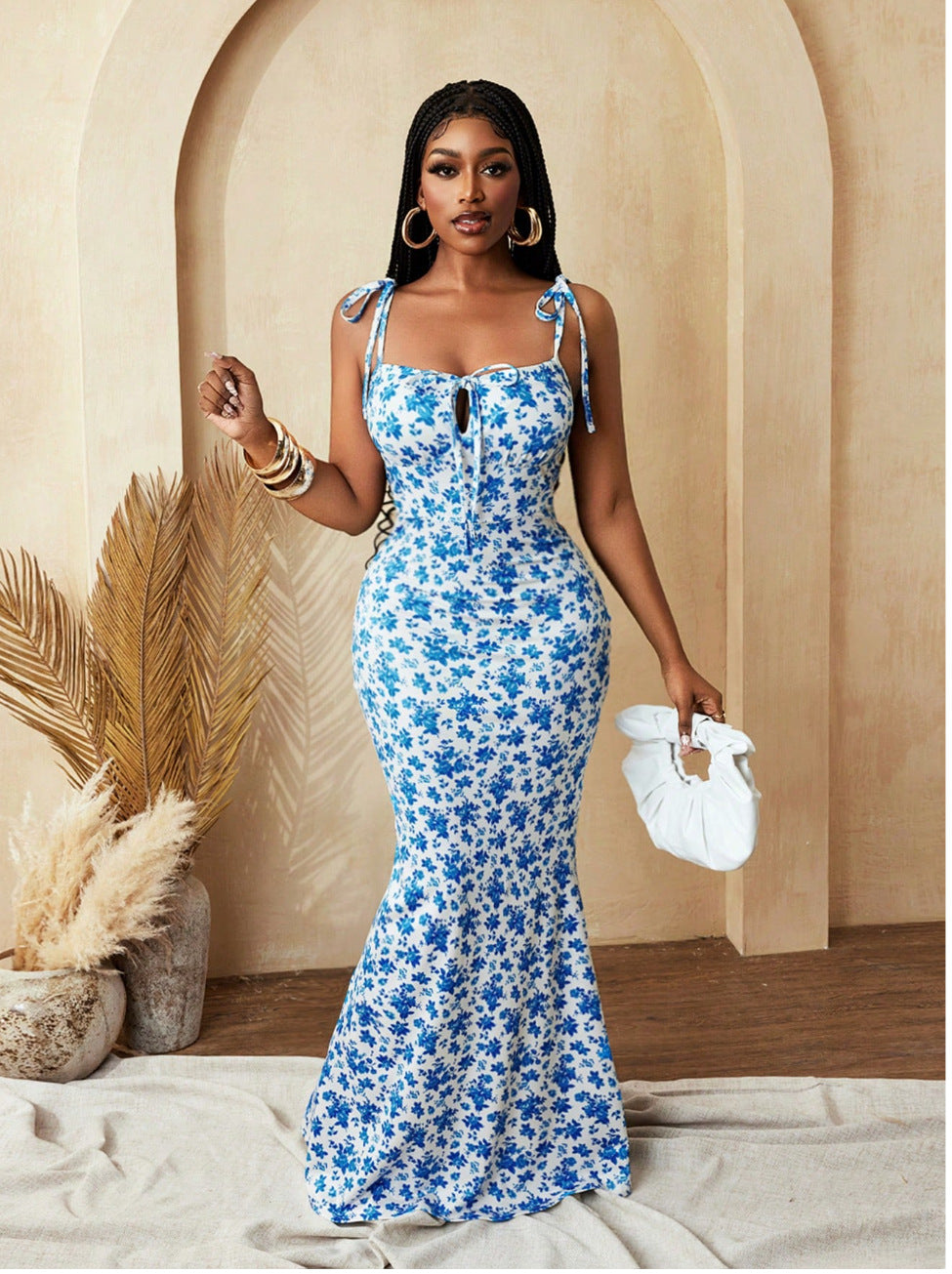Floral Lace-Up Mermaid Dress - Blue Flower On White
