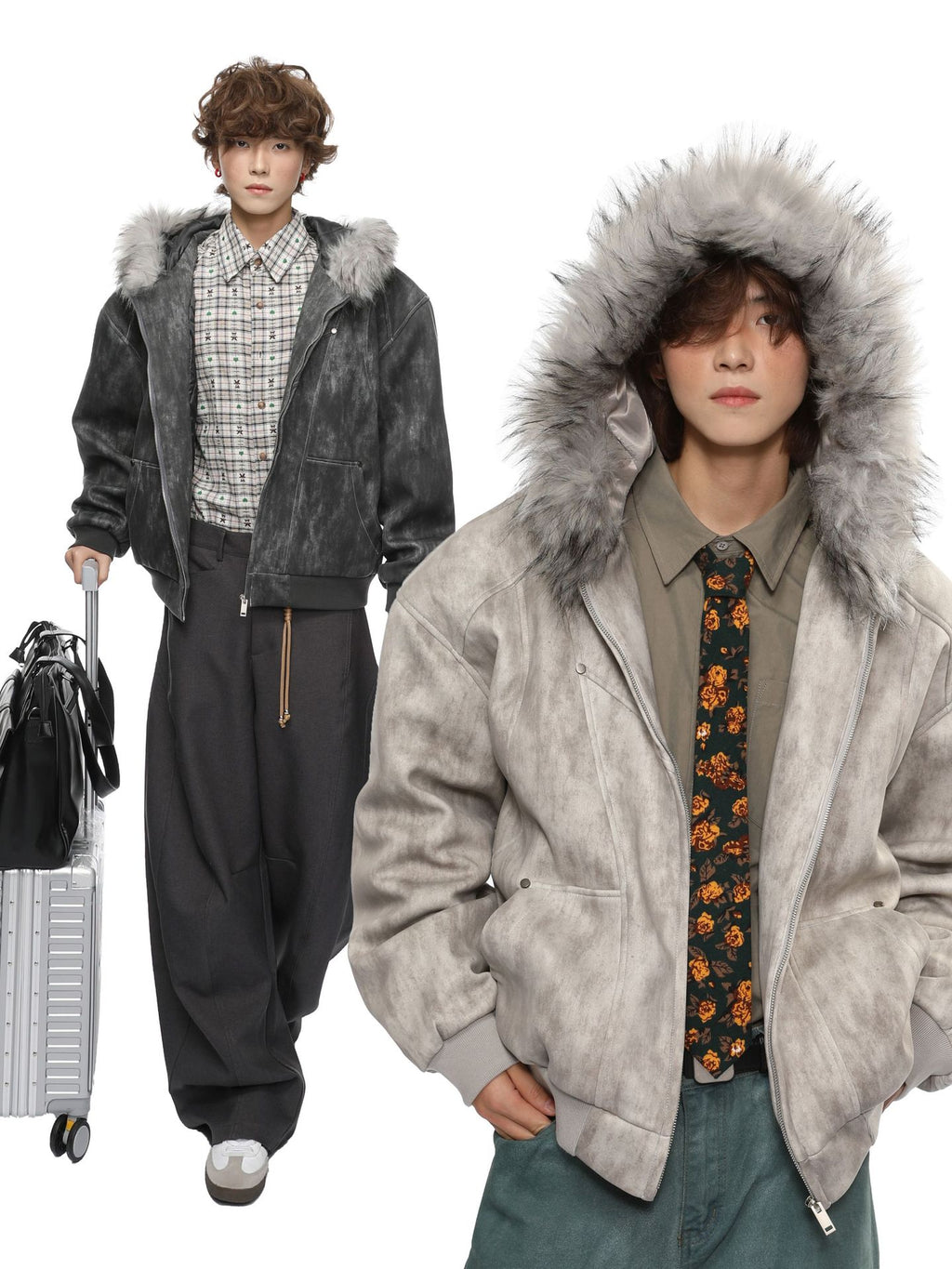 Faux-Fur Hooded Distressed Bomber