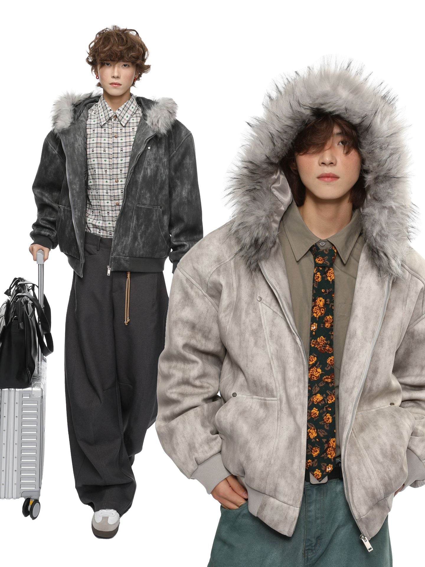Faux-Fur Hooded Distressed Bomber
