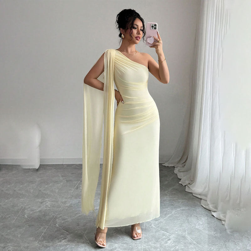 Elegant Mesh One Shoulder Draped Maxi Dress