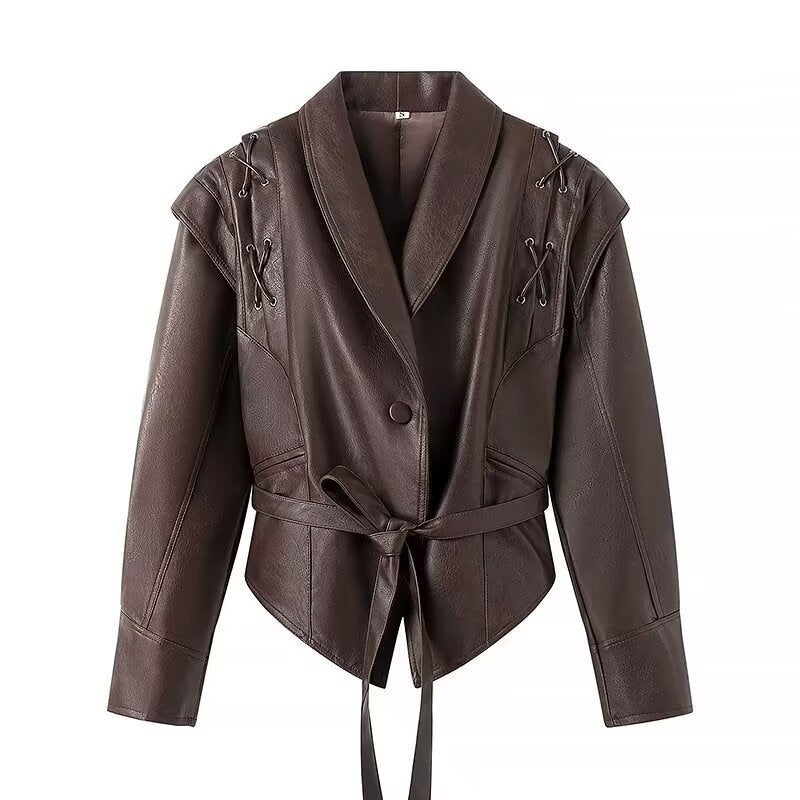 Faux Leather Lace Up Blazer Jacket