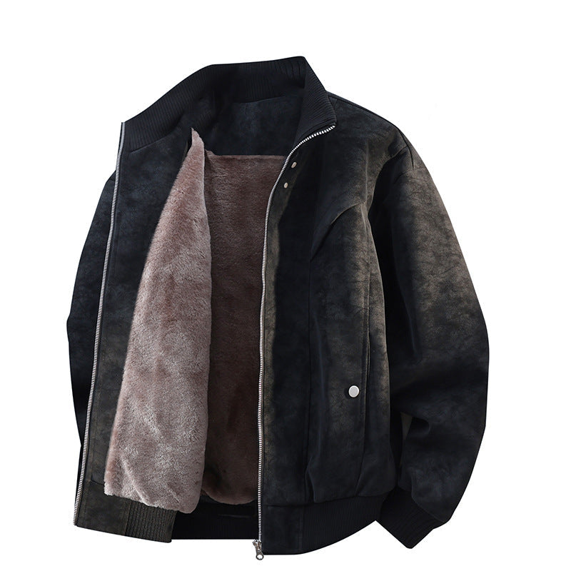 Fleece-Lined Suede Bomber Jacket