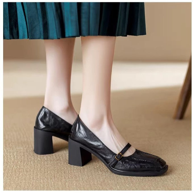 Square-Toe Leather Strap Heels