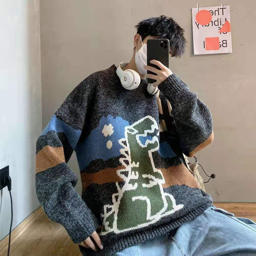 Oversized Dinosaur Intarsia Knit Sweater