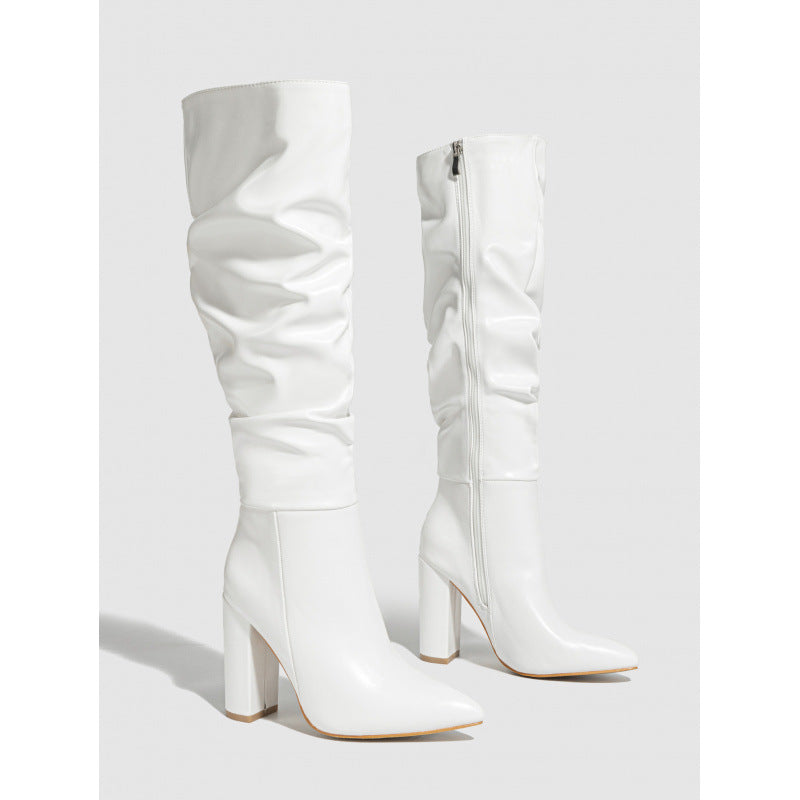 Wrinkled Pointed-Toe Block-Heel Tall Boots