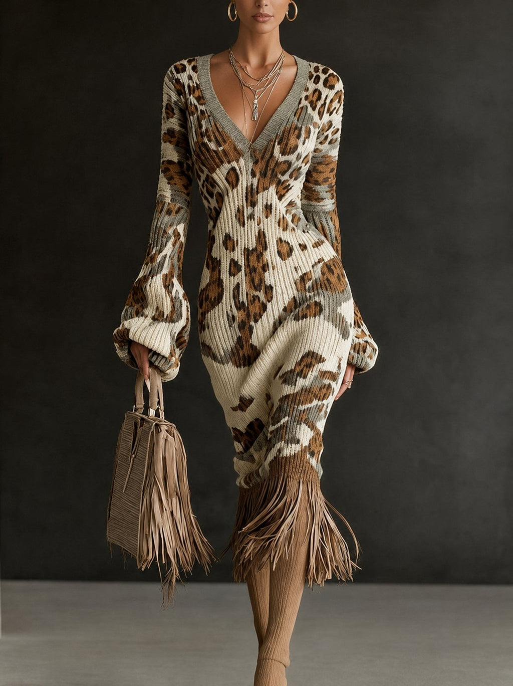 Printed Fringe Knit Dress