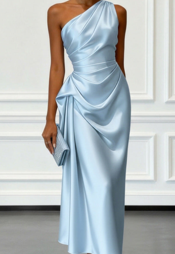 One-Shoulder Draped Dress - Light Blue