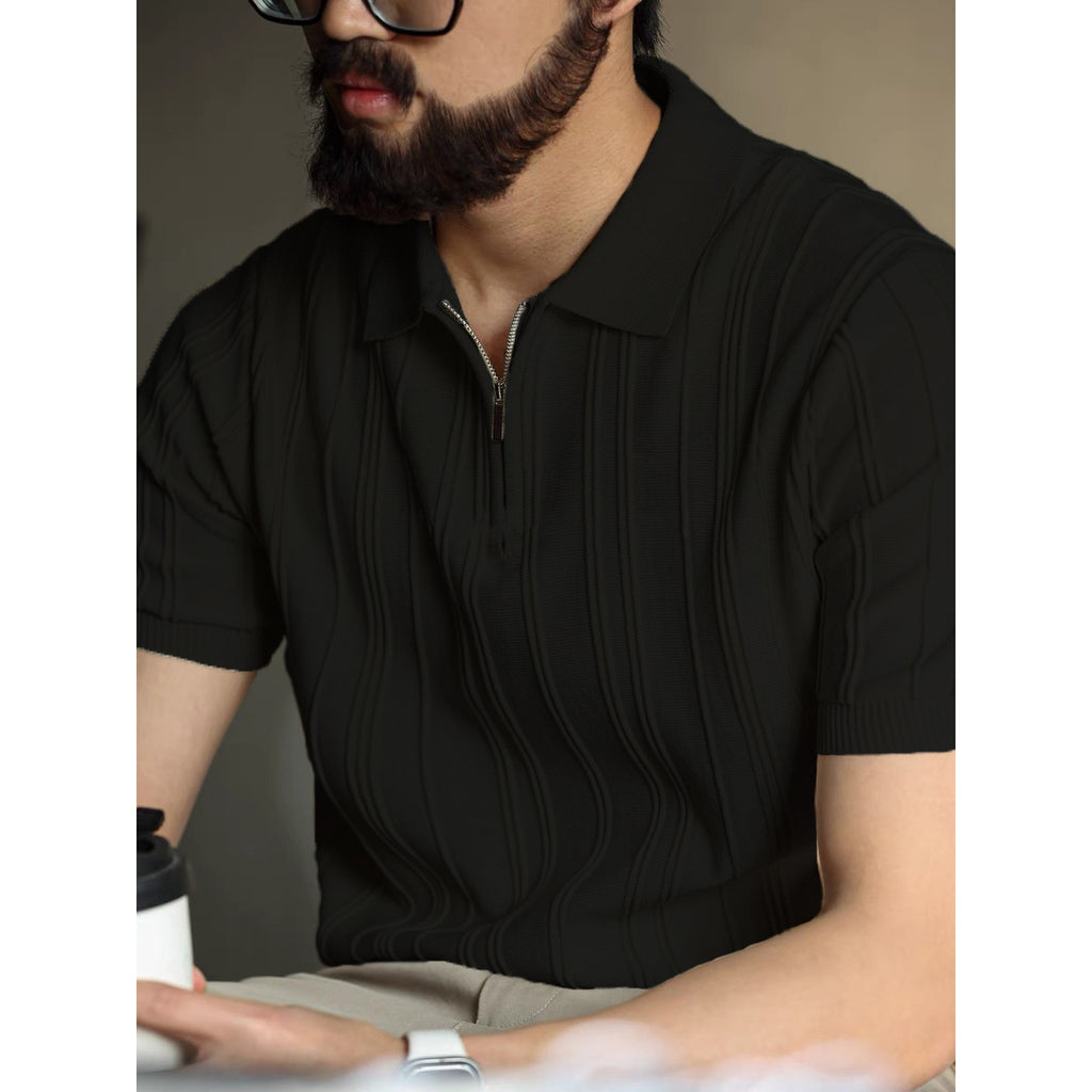 Ribbed Quarter Zip Knit Polo