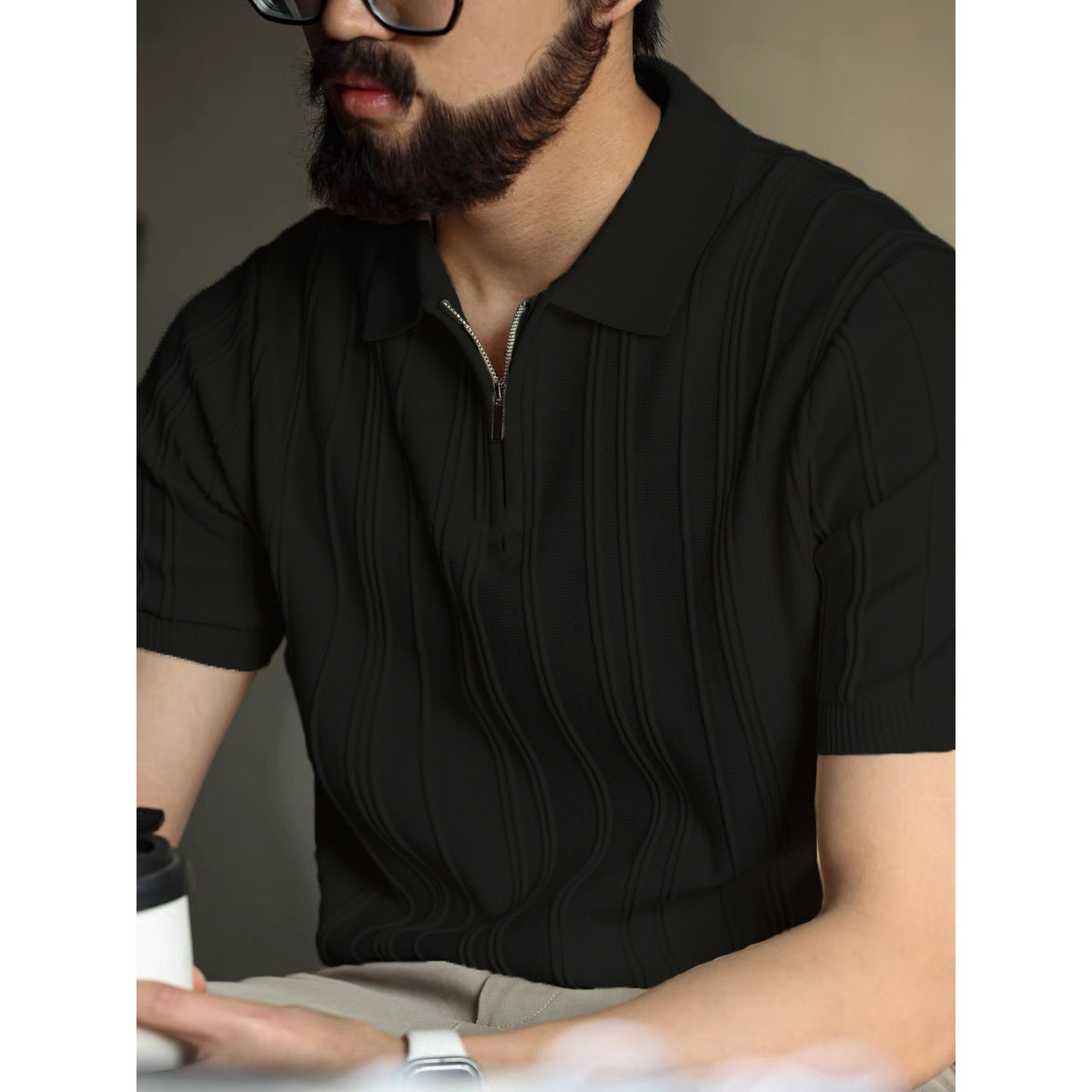 Ribbed Quarter Zip Knit Polo